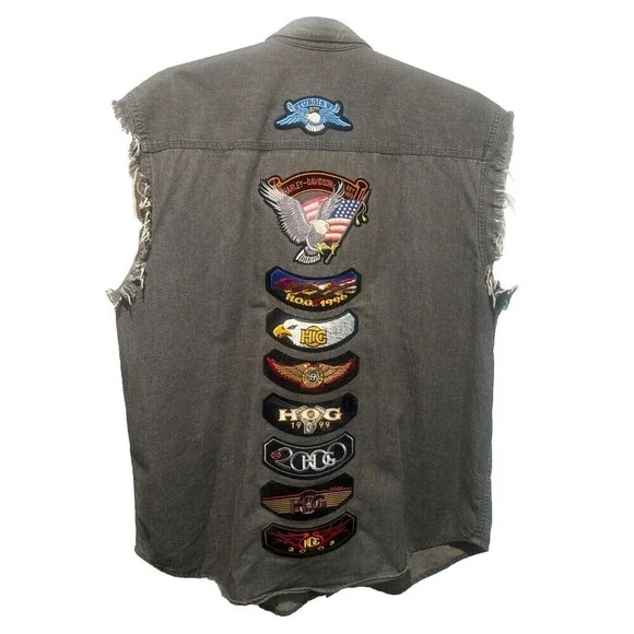 Harley Davidson Biker Blues Frayed Sleeveless Shirt W/ Multiple Pins/Patches- L - Picture 11 of 14